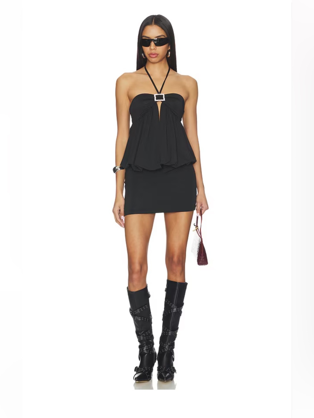 Strappy Black Halter Mini Dress with Rhinestone Detail